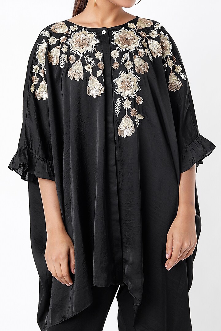 Black Machine & Hand Embroidered Asymmetrical Top by Namrata Joshipura at Pernia's Pop Up Shop