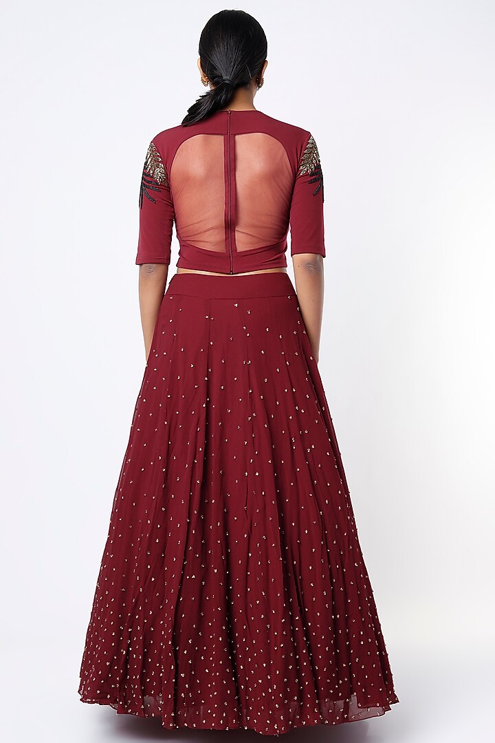 Cadmium Red Jersey Hand Embroidered Skirt Set by Namrata Joshipura at Pernia's Pop Up Shop