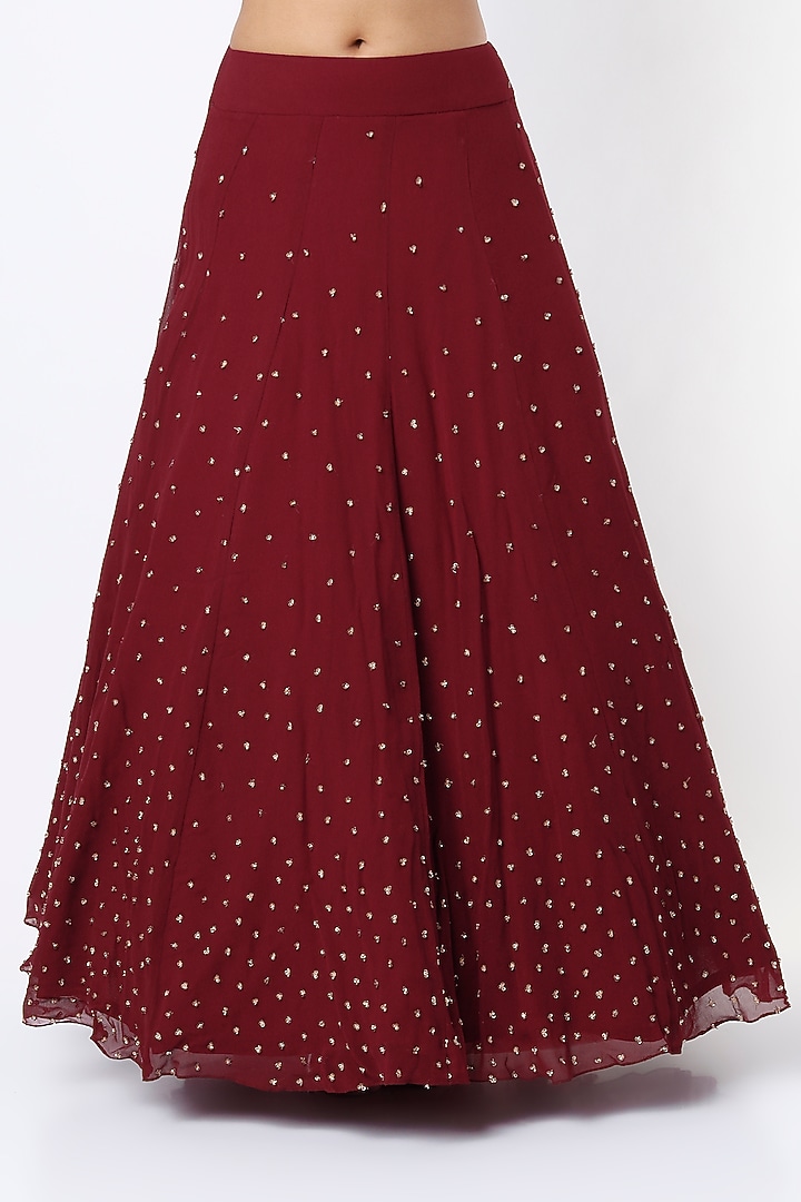 Cadmium Red Jersey Hand Embroidered Skirt Set by Namrata Joshipura at Pernia's Pop Up Shop