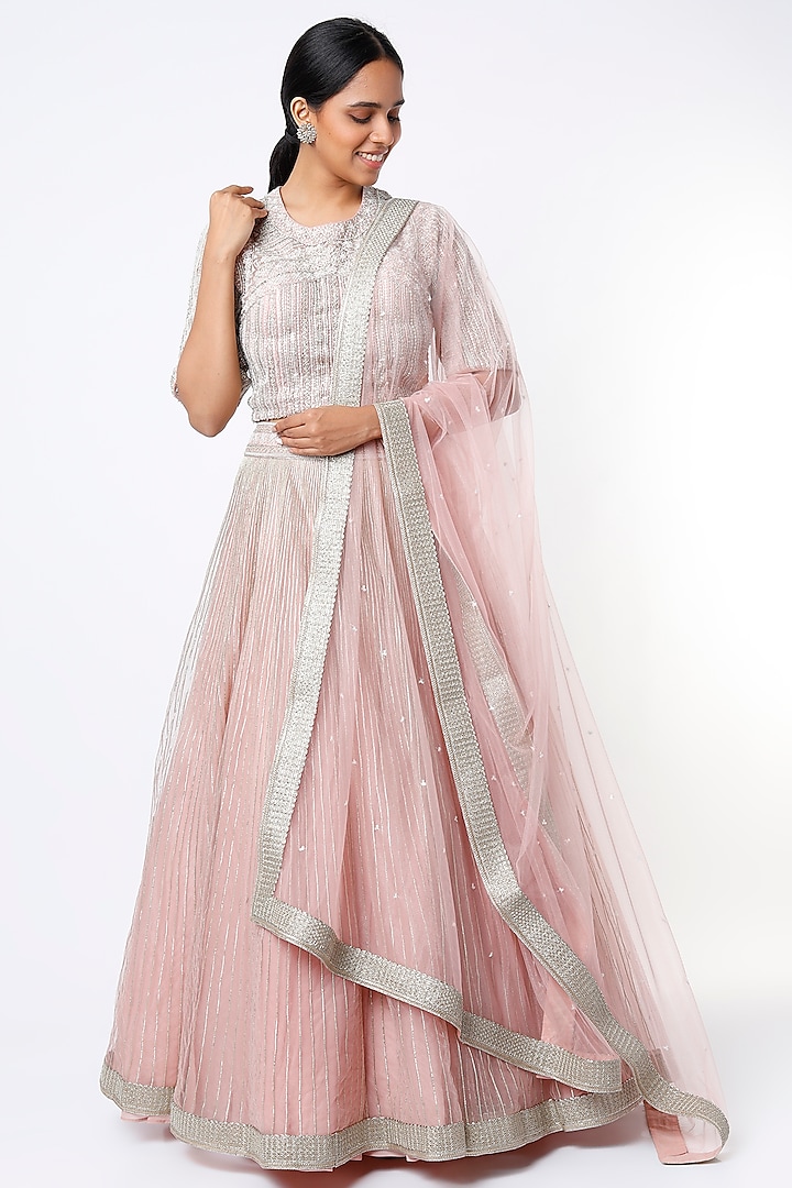 Blush Pink Hand Embroidered Skirt Set by Namrata Joshipura