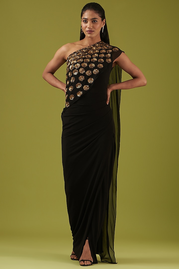 Black One Shoulder Embellished Gown by Namrata Joshipura