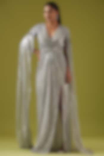 Silver Shimmer Embellished Draped Gown by Namrata Joshipura