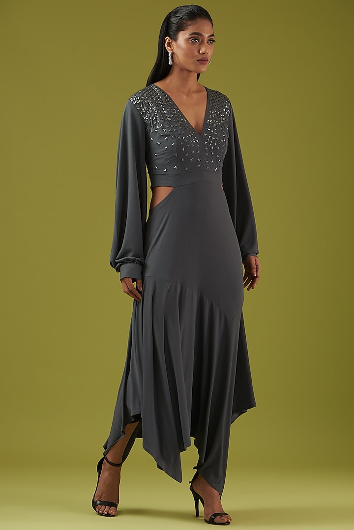 Grey Embellished Midi Dress by Namrata Joshipura