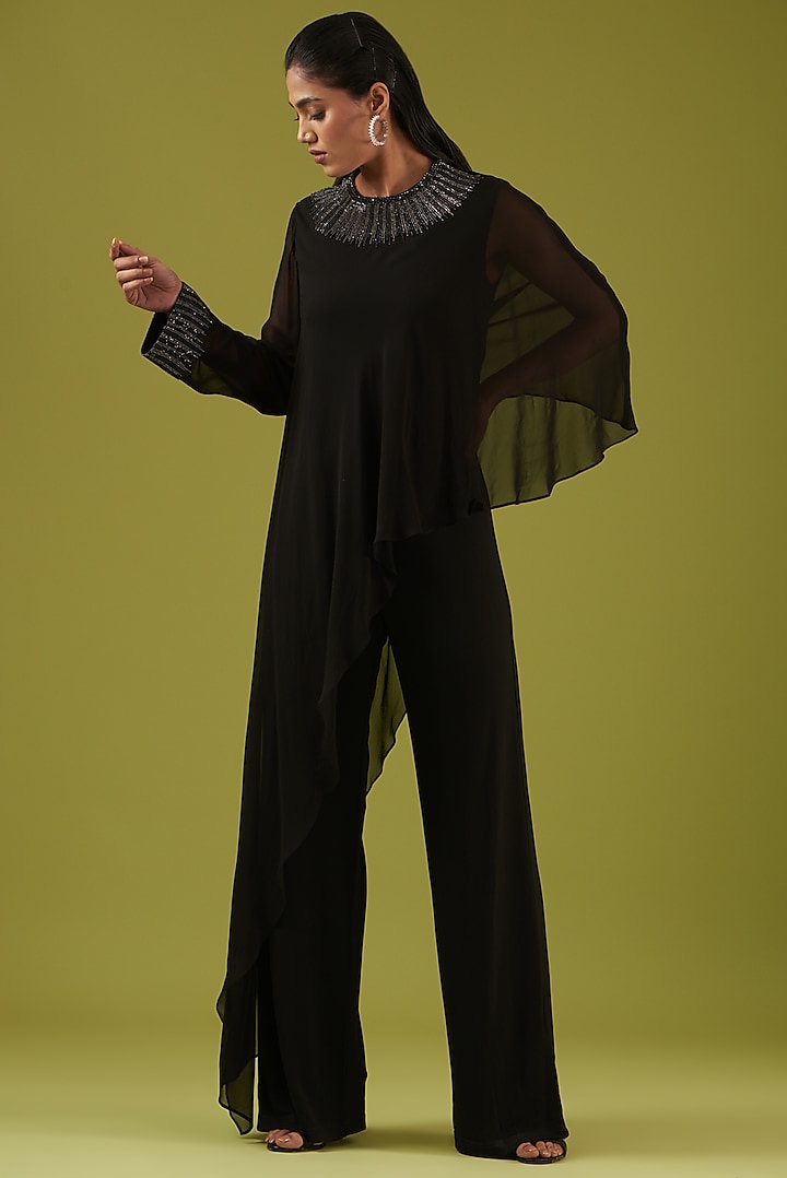 Black Embellished Cape Jumpsuit by Namrata Joshipura