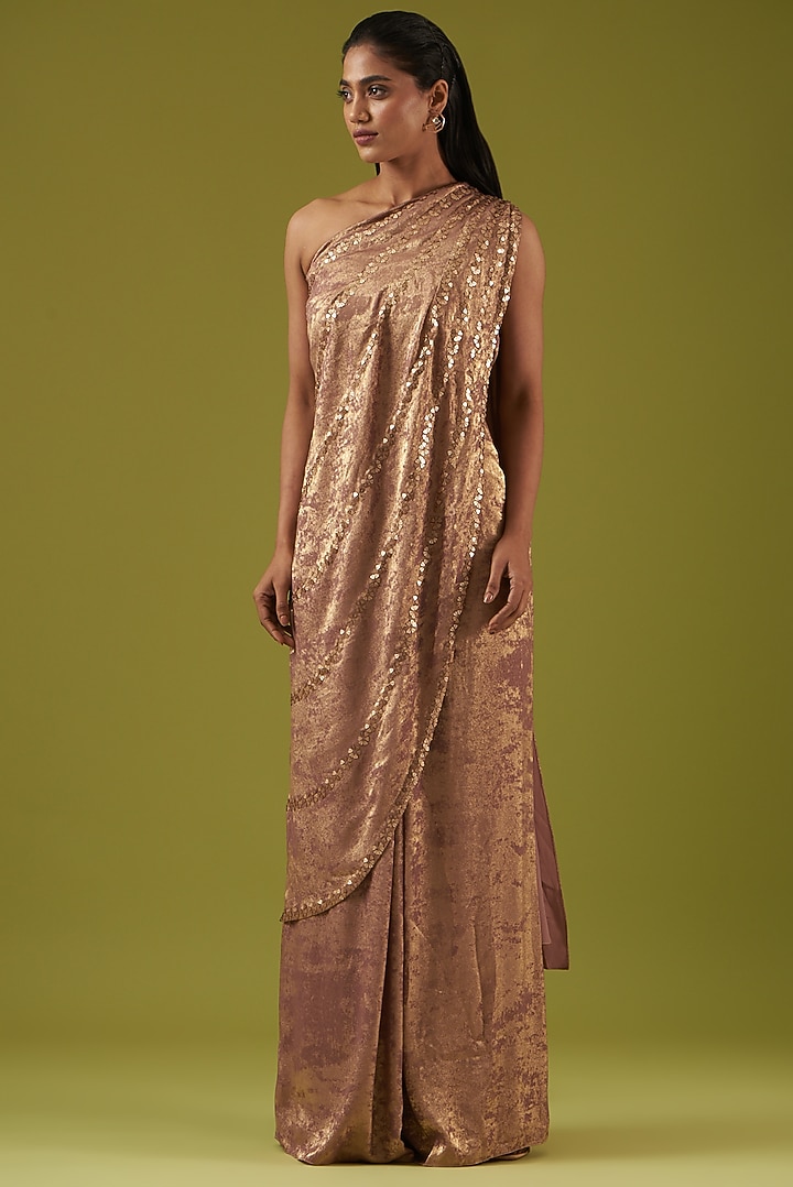 Gold Crepe One-Shoulder Draped Engagement Gown by Namrata Joshipura at Pernia's Pop Up Shop
