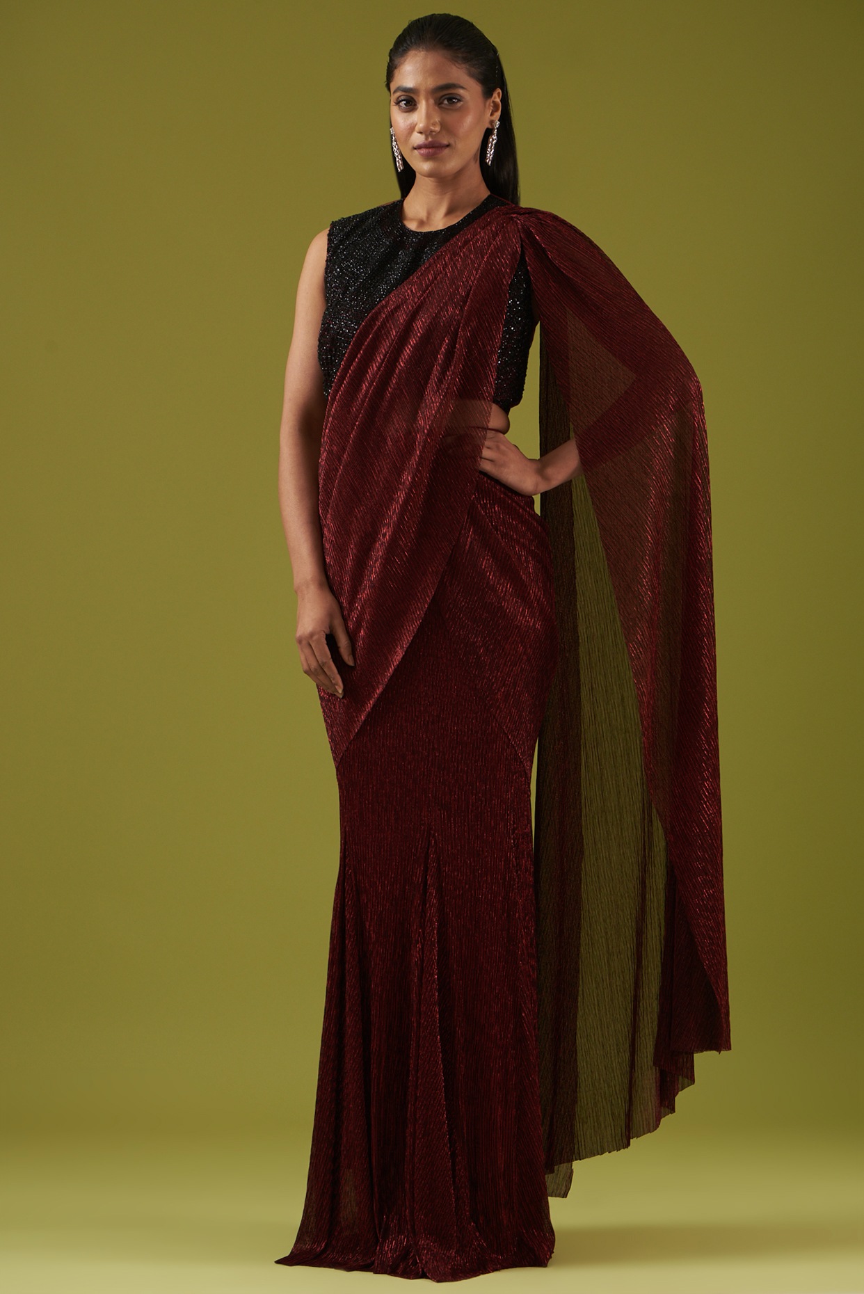 Maroon embroidered shimmer saree with blouse - Samvegi Creation - 4258537