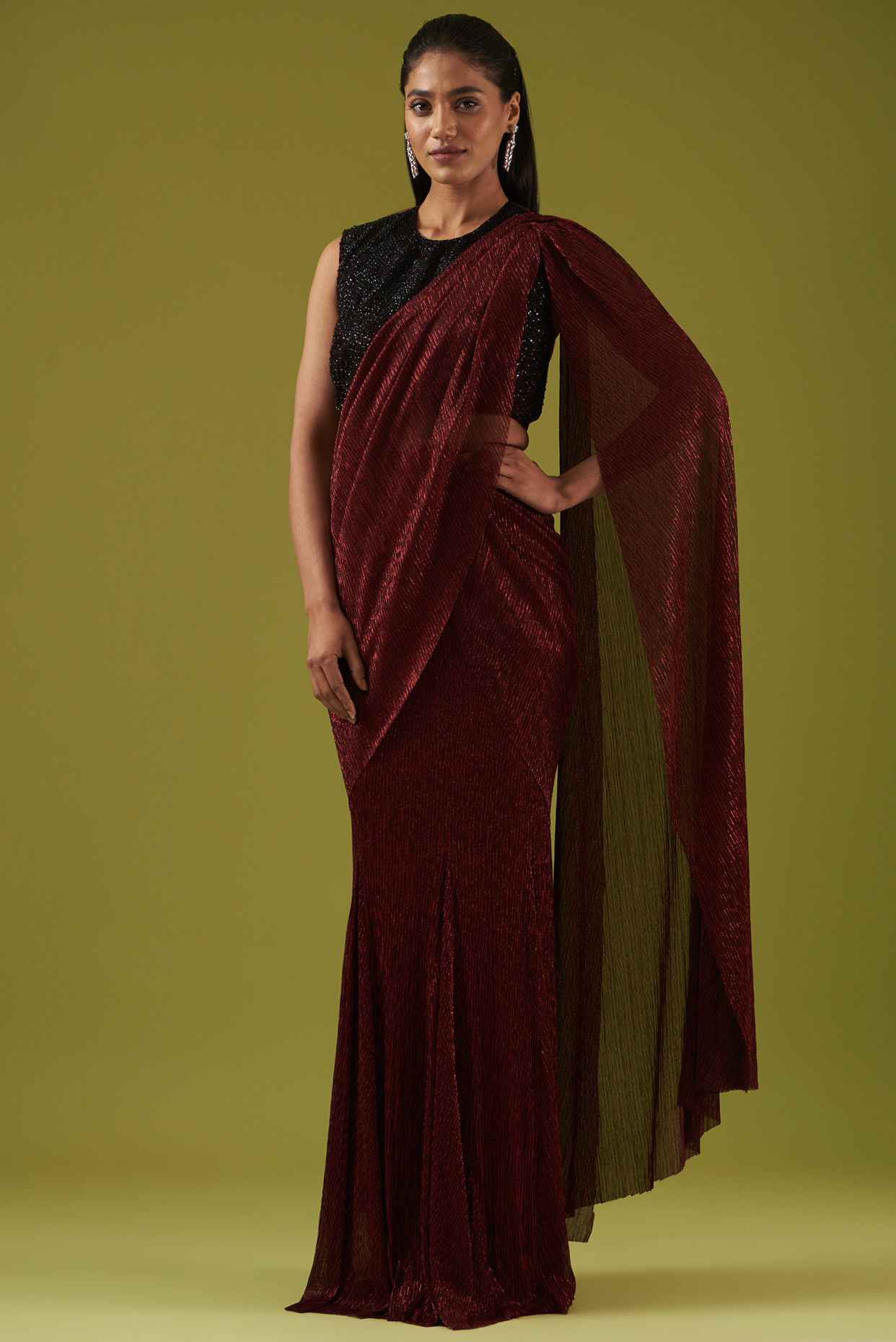 Wine Embellished Draped Saree Set by Namrata Joshipura