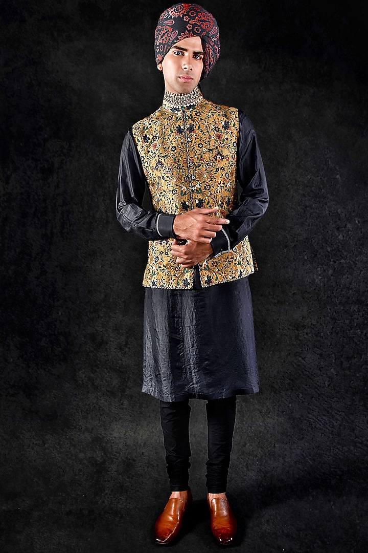 Mustard & Blue Silk Bundi Jacket by JJ Valaya Men at Pernia's Pop Up Shop