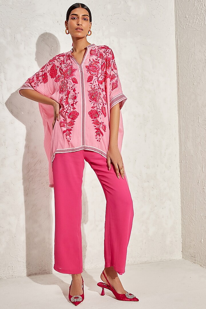 Pink Crepe Handkerchief Hem Embellished Tunic by Namrata Joshipura