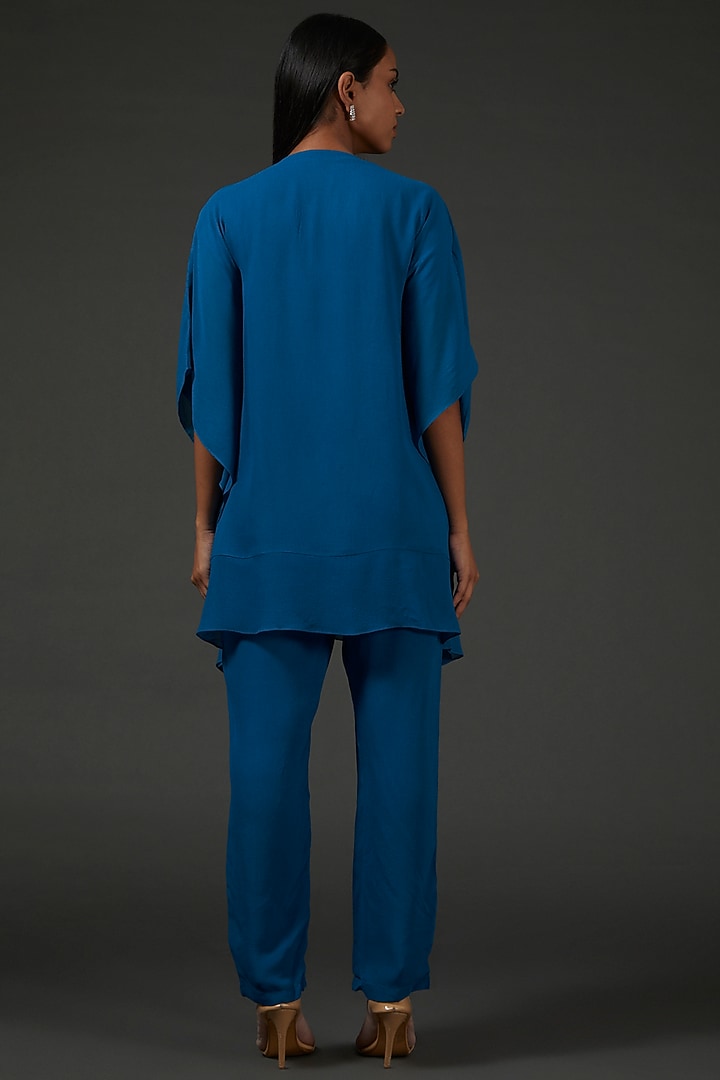 Prussian Blue Texture Georgette Embroidered Kaftan Set by Namrata Joshipura at Pernia's Pop Up Shop