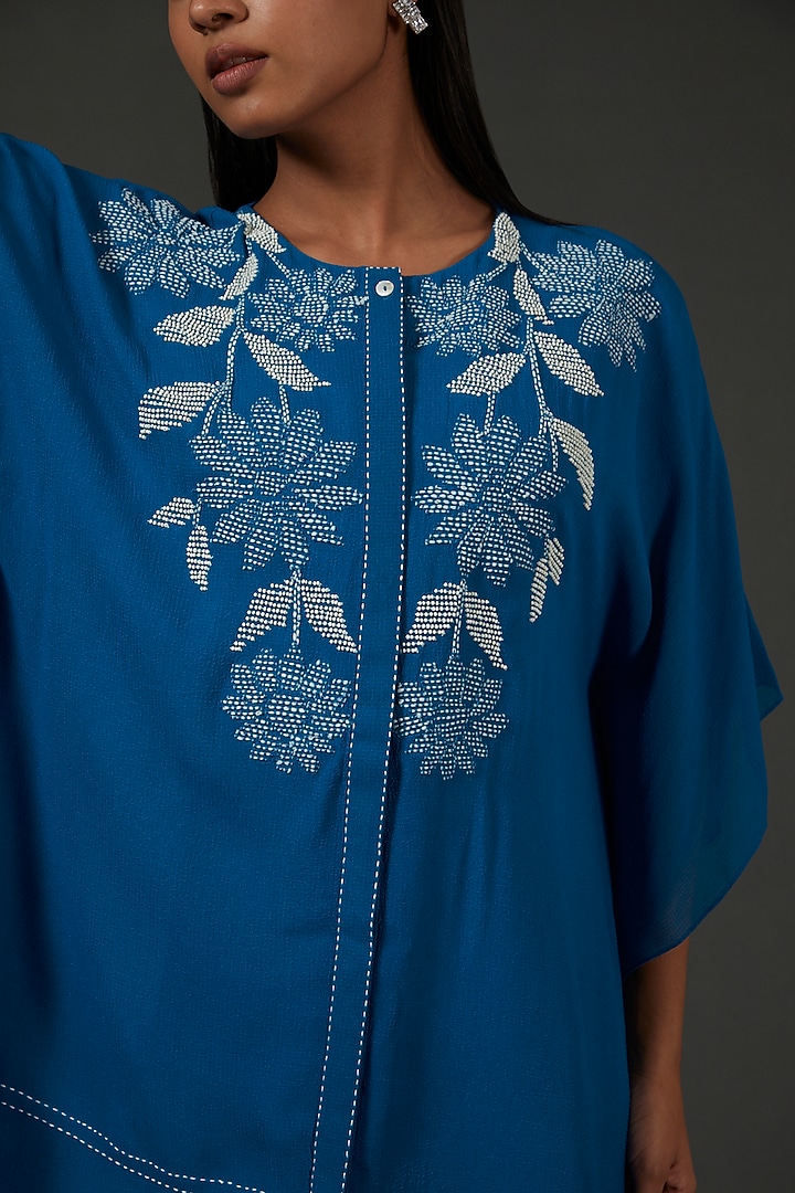 Prussian Blue Texture Georgette Embroidered Kaftan Set by Namrata Joshipura at Pernia's Pop Up Shop
