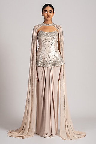 Gold Shimmer Crepe Cape Set by Namrata Joshipura