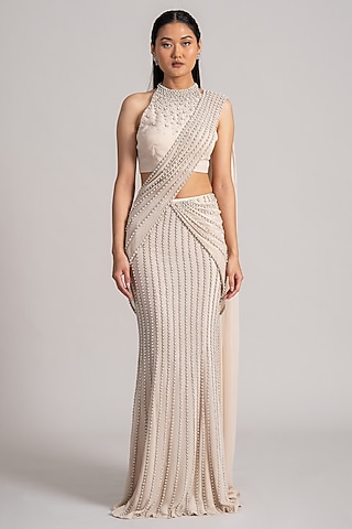 Ecru Georgette Cascade Draped Saree Set by Namrata Joshipura