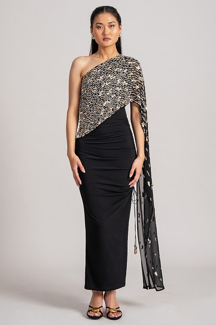 Black Jersey Draped Engagement Gown by Namrata Joshipura at Pernia's Pop Up Shop