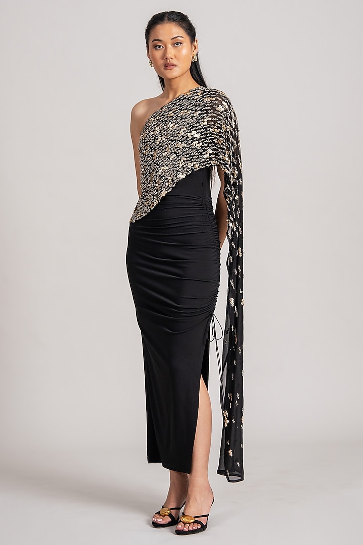 Black Jersey Draped Engagement Gown by Namrata Joshipura at Pernia's Pop Up Shop