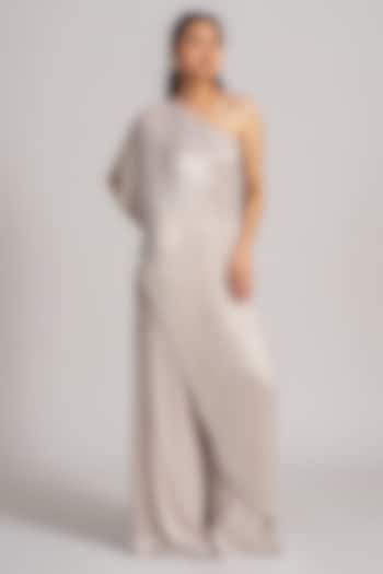 Ivory Shimmer Chiffon One-Shoulder Jumpsuit by Namrata Joshipura at Pernia's Pop Up Shop