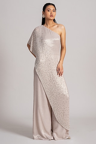 Ivory Shimmer Chiffon One-Shoulder Jumpsuit by Namrata Joshipura