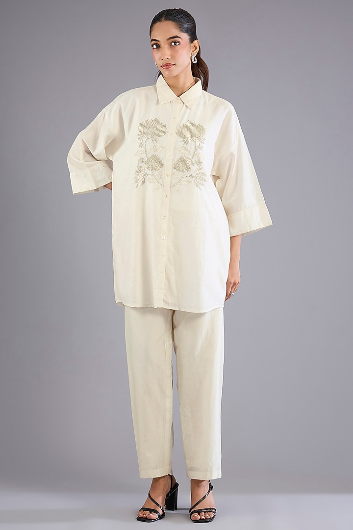 Ivory Shimmer Satin Embellished Co-Ord Set by Namrata Joshipura at Pernia's Pop Up Shop