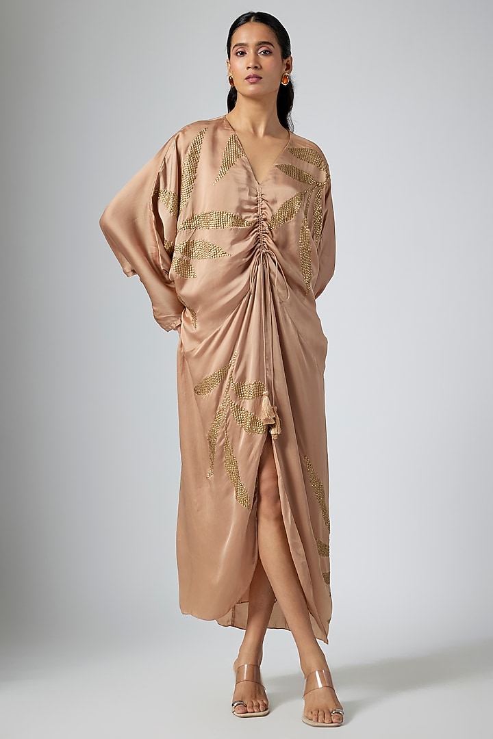 Mocha-Colored Satin Midi Cocktail Dress by Namrata Joshipura at Pernia's Pop Up Shop