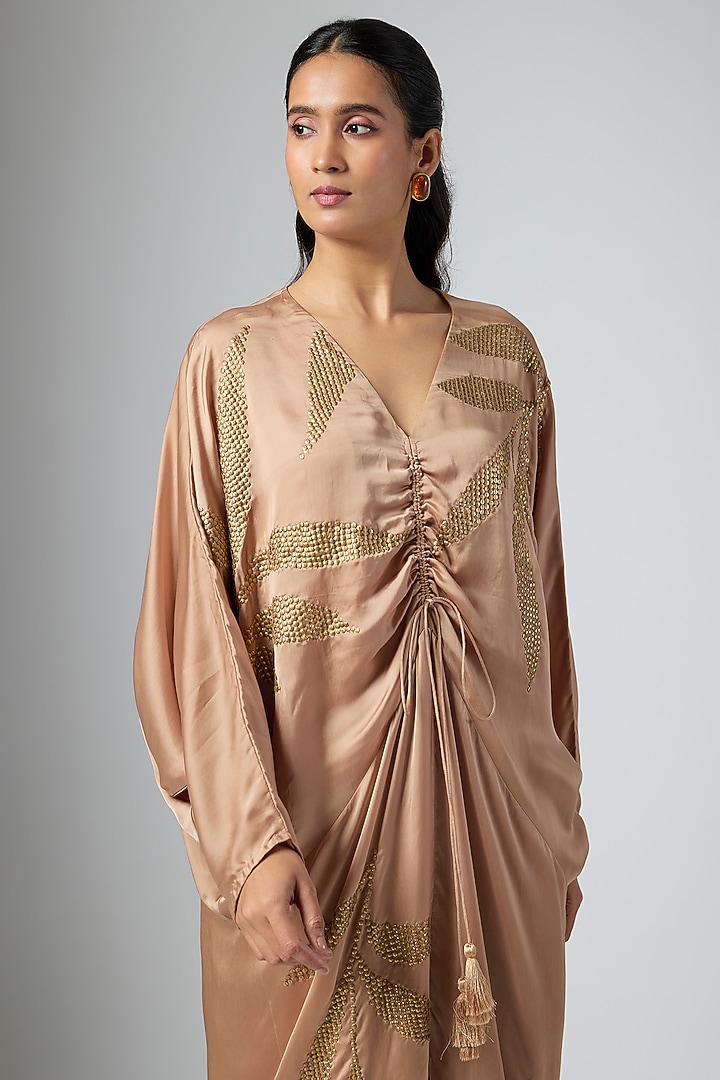Mocha-Colored Satin Midi Cocktail Dress by Namrata Joshipura at Pernia's Pop Up Shop