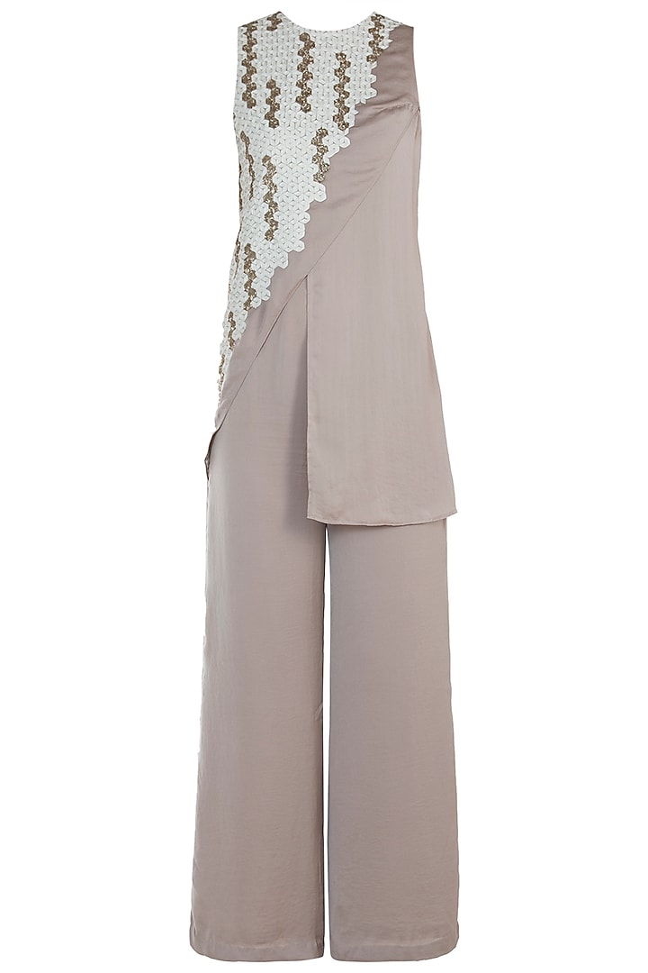 Beige embroidered jumpsuit available only at Pernia's Pop Up Shop.