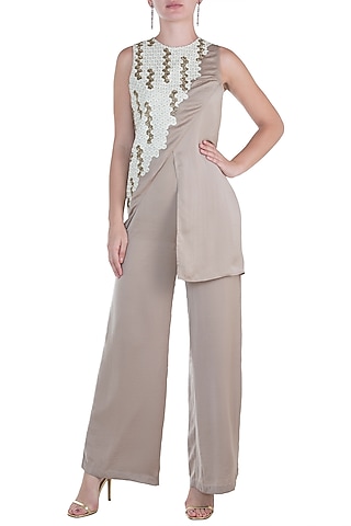 Beige Embroidered Jumpsuit by Namrata Joshipura