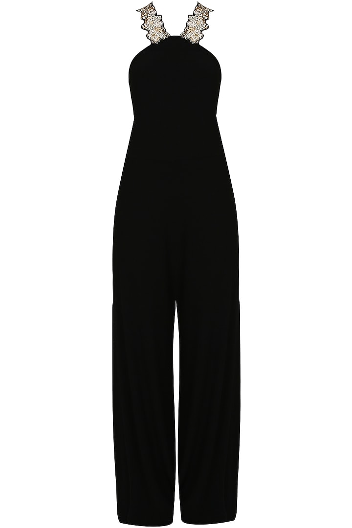 Black sequins embellished halter jumpsuit by Namrata Joshipura