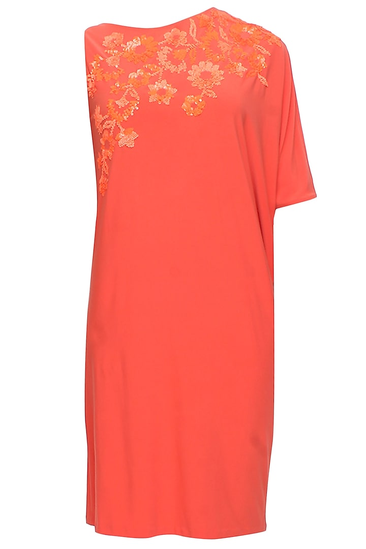 Orange trellis one sleeved dress by Namrata Joshipura