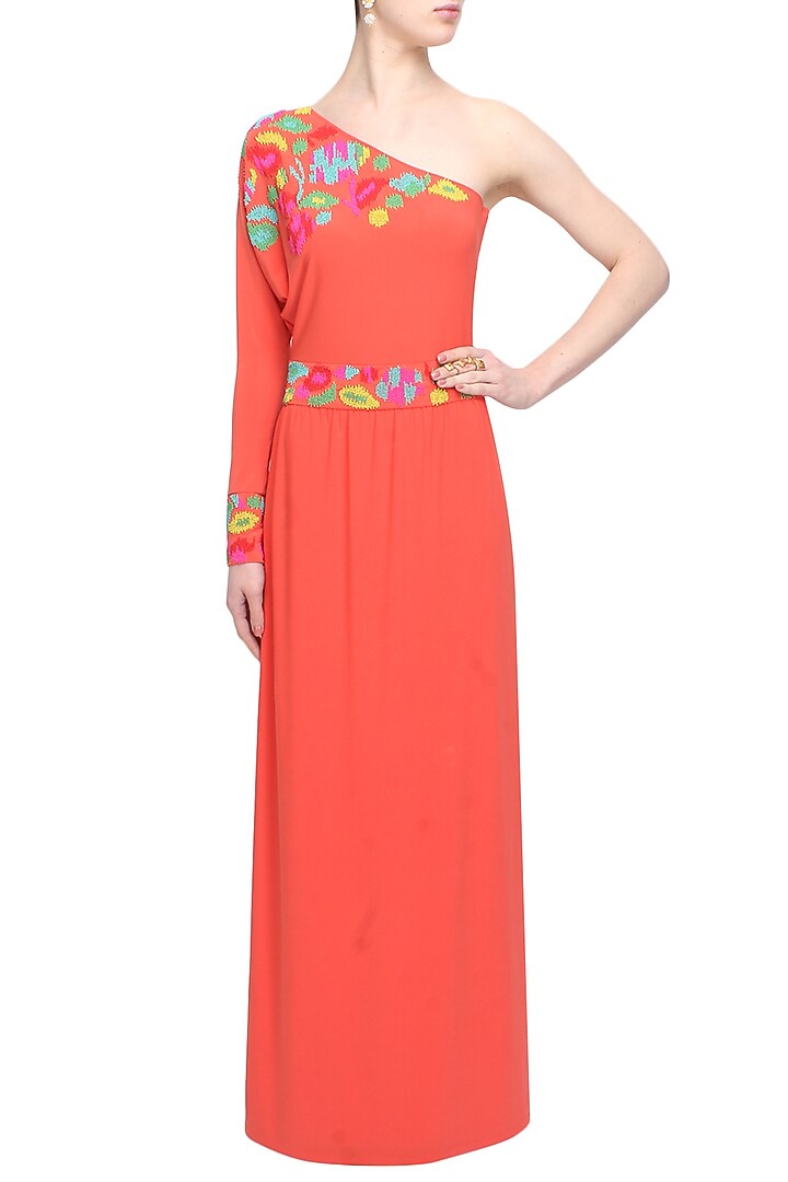 Orange gems embellished one sleeved gown available only at Pernia's Pop Up Shop.