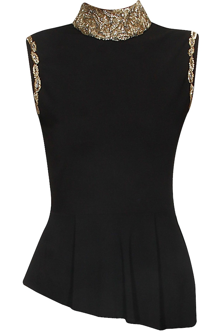 Black and gold leaves embroidered peplum top available only at Pernia's ...