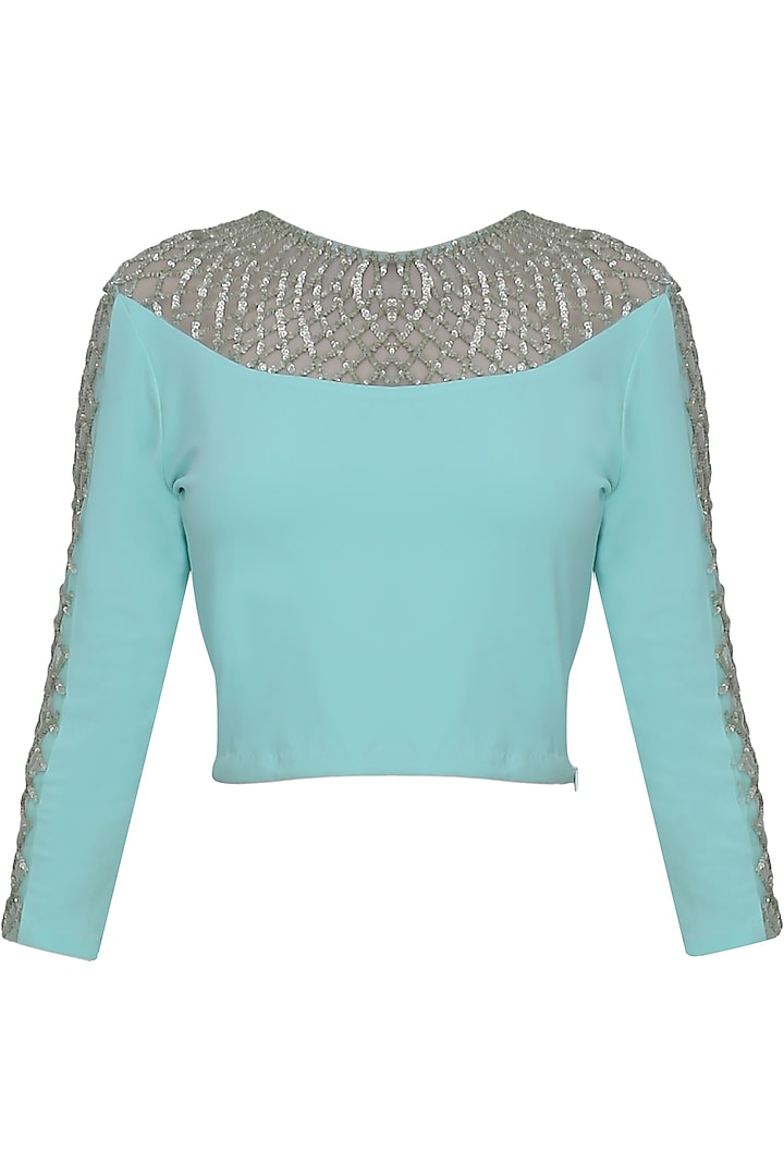 Namrata Joshipura presents Aqua full sleeves persian necklace blouse available only at Pernia's Pop Up Shop.