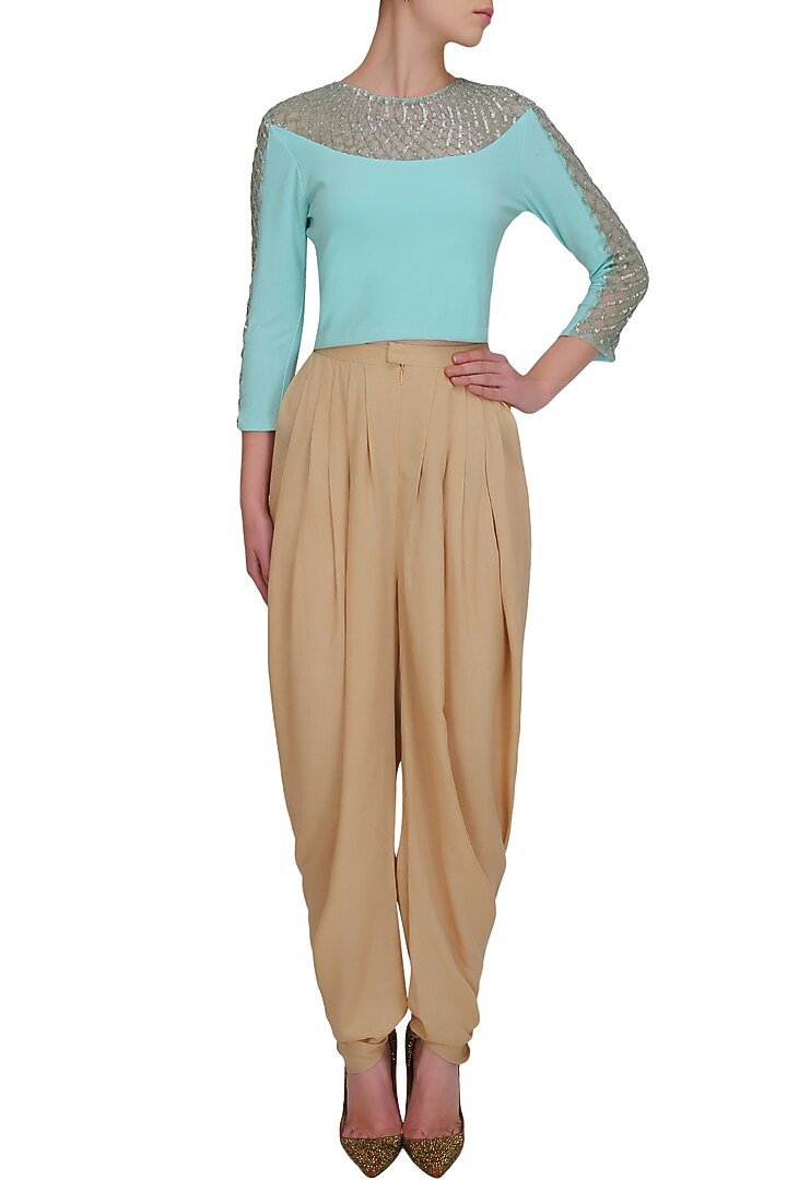 Namrata Joshipura presents Aqua full sleeves persian necklace blouse available only at Pernia's Pop Up Shop.