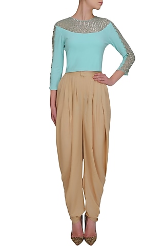 Aqua full sleeves persian necklace blouse by Namrata Joshipura