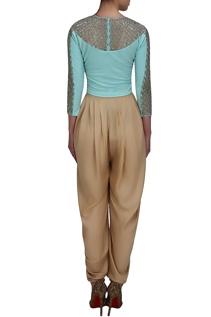 Namrata Joshipura presents Aqua full sleeves persian necklace blouse available only at Pernia's Pop Up Shop.