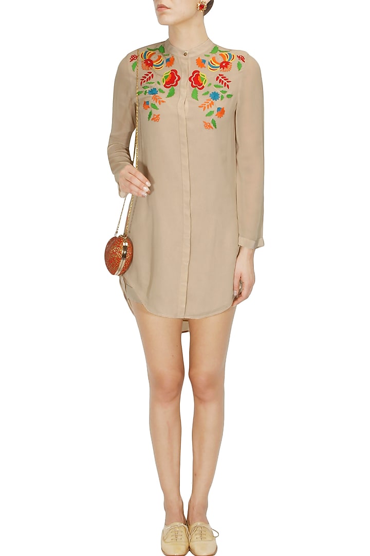 Beige floral embroidered garden tunic available only at Pernia's Pop Up Shop.