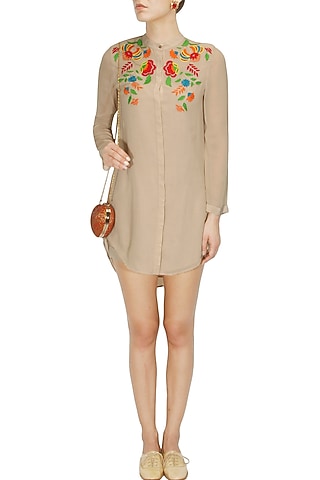 Beige floral embroidered garden tunic by Namrata Joshipura