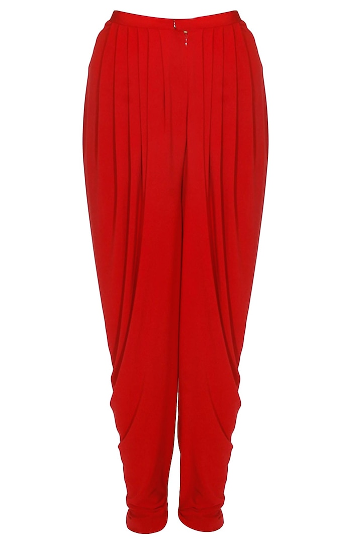 Red pleated jersey dhoti pants available only at Pernia's Pop Up Shop.