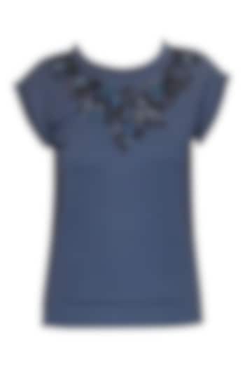 Navy blue floral applique work top available only at Pernia's Pop Up Shop.