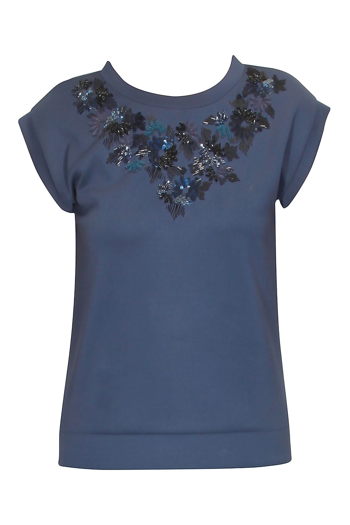 Navy blue floral applique work top available only at Pernia's Pop Up Shop.