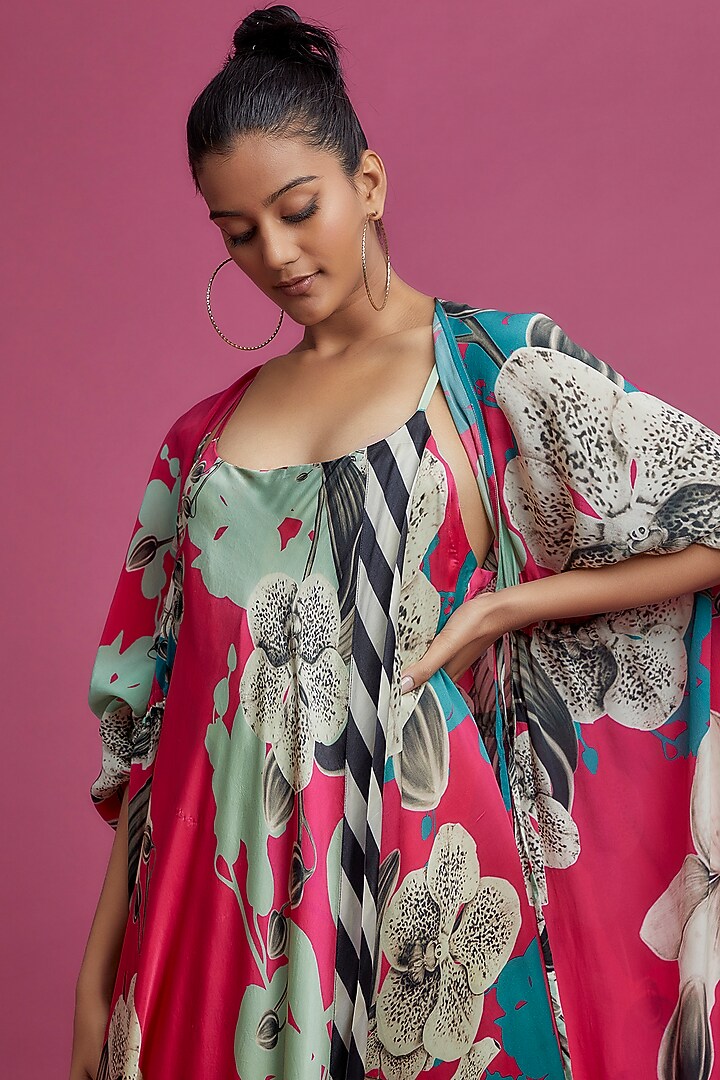 Magenta Double Satin Digital Printed Cocktail Dress With Jacket by Nupur Kanoi at Pernia's Pop Up Shop