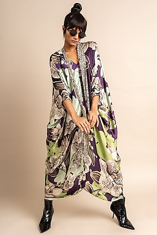 Aubergine Satin Digital Printed Kaftan by Nupur Kanoi