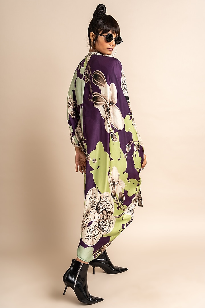 Aubergine Satin Digital Printed Kaftan by Nupur Kanoi at Pernia's Pop Up Shop
