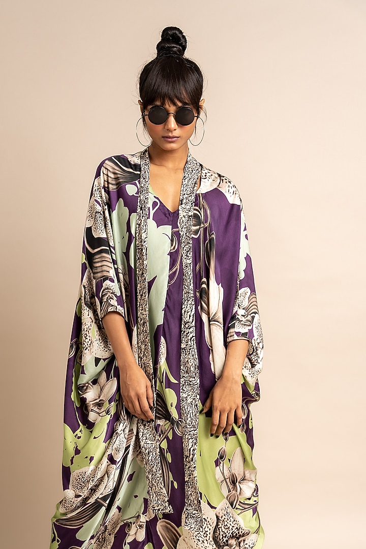 Aubergine Satin Digital Printed Kaftan by Nupur Kanoi at Pernia's Pop Up Shop