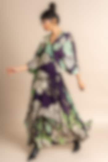 Aubergine Crepe Digital Printed Hanky Dress by Nupur Kanoi