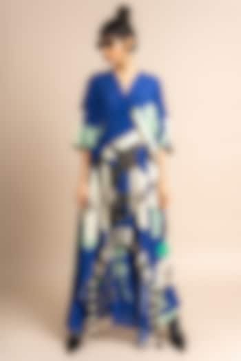 Cobalt Blue Crepe Digital Printed Hanky Dress by Nupur Kanoi