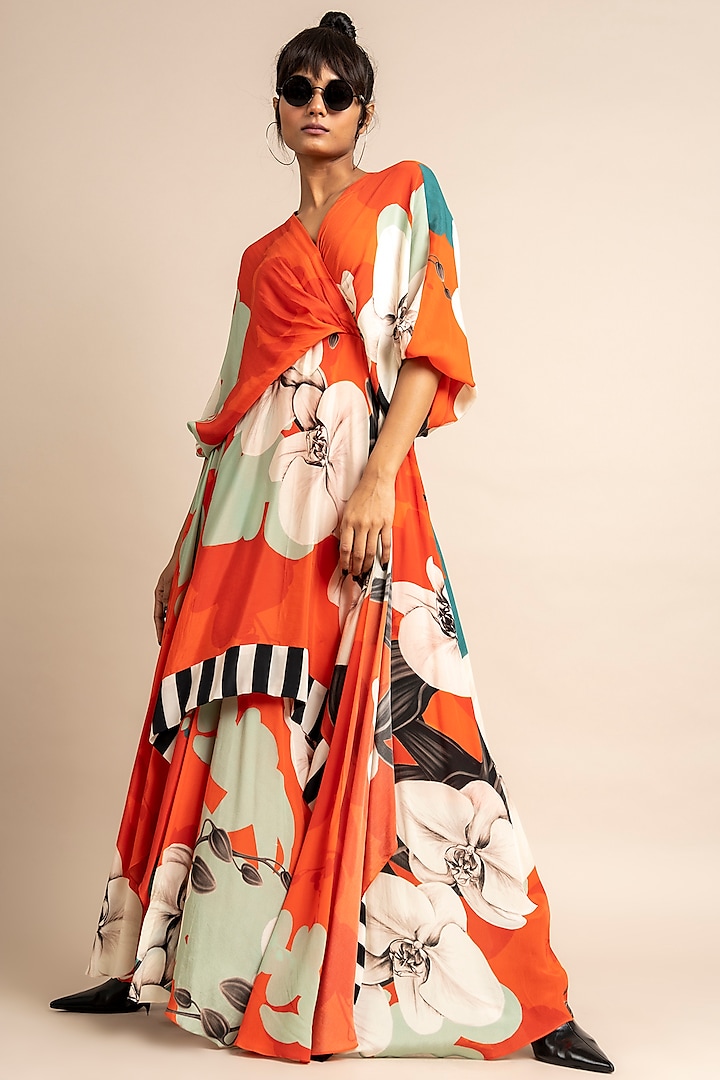 Tangerine Crepe Digital Printed Hanky Dress by Nupur Kanoi