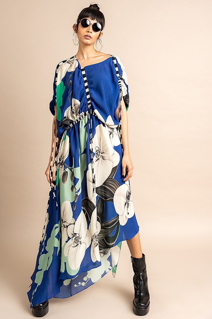 Cobalt Blue Crepe Digital Printed Dress by Nupur Kanoi