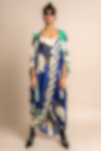 Cobalt Blue Satin Digital Printed Dress With Jacket by Nupur Kanoi