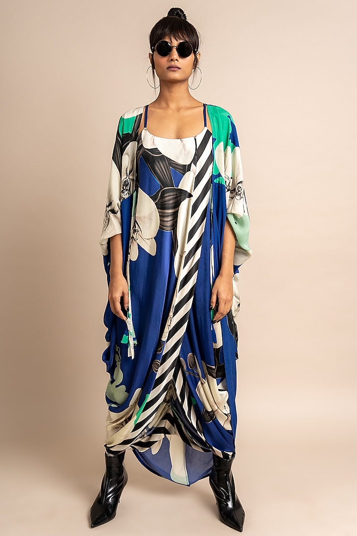 Cobalt Blue Satin Digital Printed Dress With Jacket by Nupur Kanoi