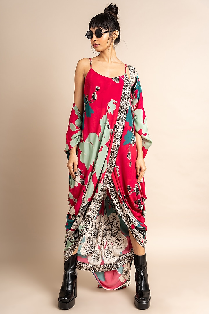 Magenta Satin Digital Printed Jacket Dress by Nupur Kanoi